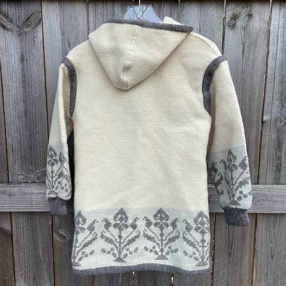 Alafoss of Iceland Ice Wool Jacket Cream and Gray Tie Front Pockets Hooded - Picture 2 of 12